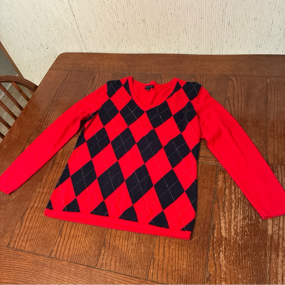 Tommy Hilfiger Sweater Women's M Diamond Argyle V Neck Preppy Red Blue